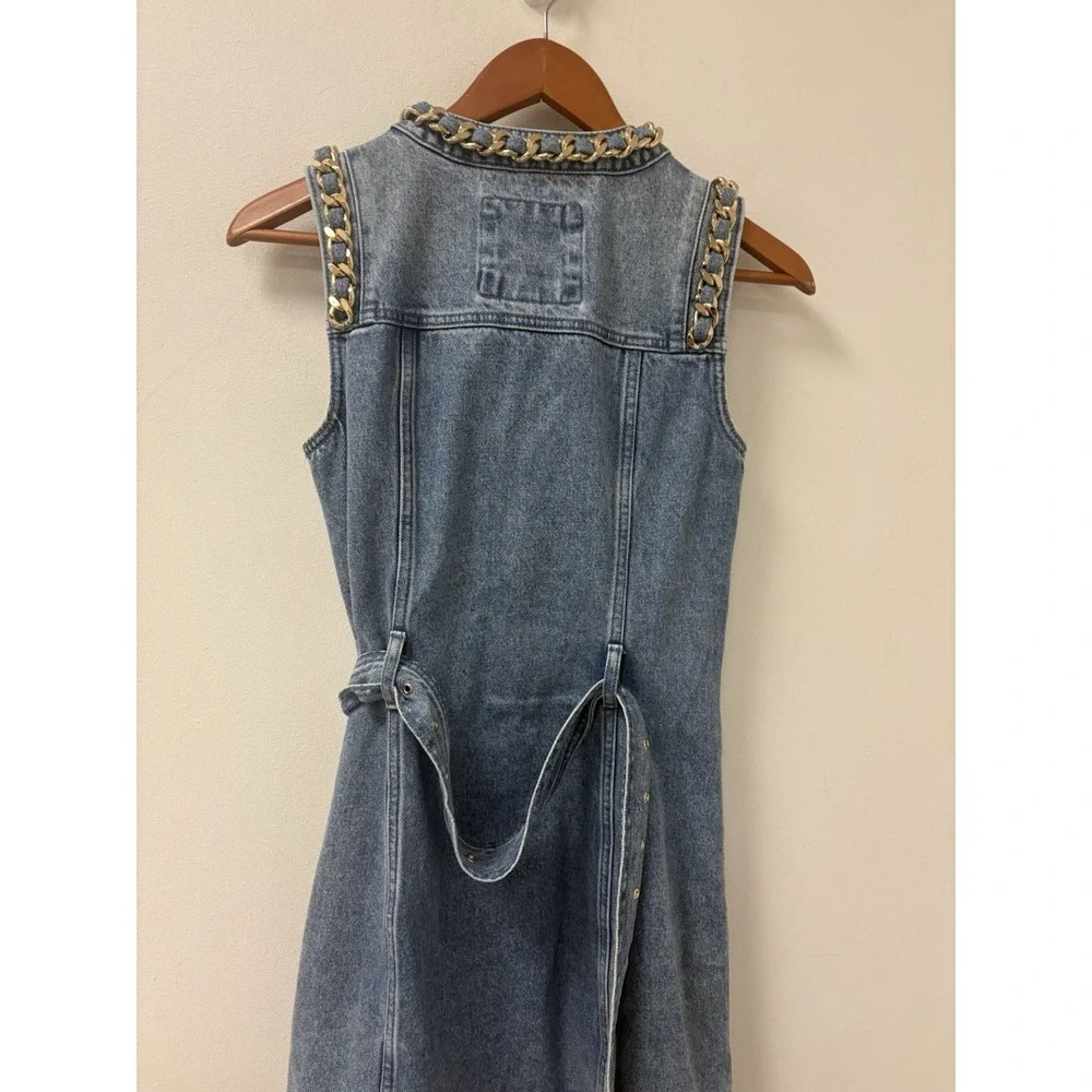 Michael Kors Denim Chain Link Collared Neck Sleeveless Belted Shirt Dress Sz 2